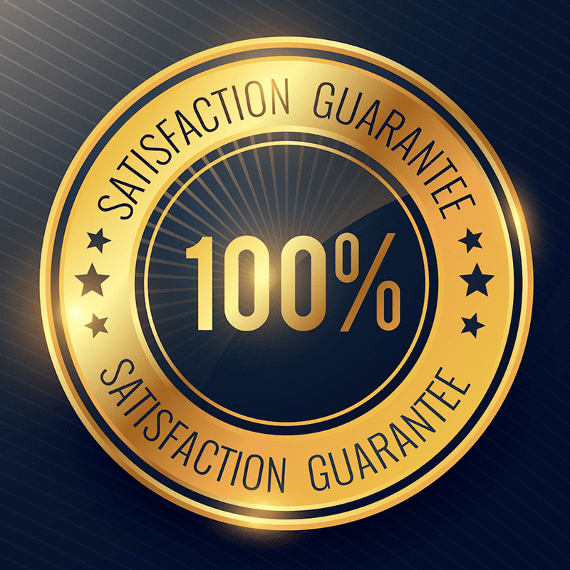Gold satisfaction guarantee seal, 100% text.