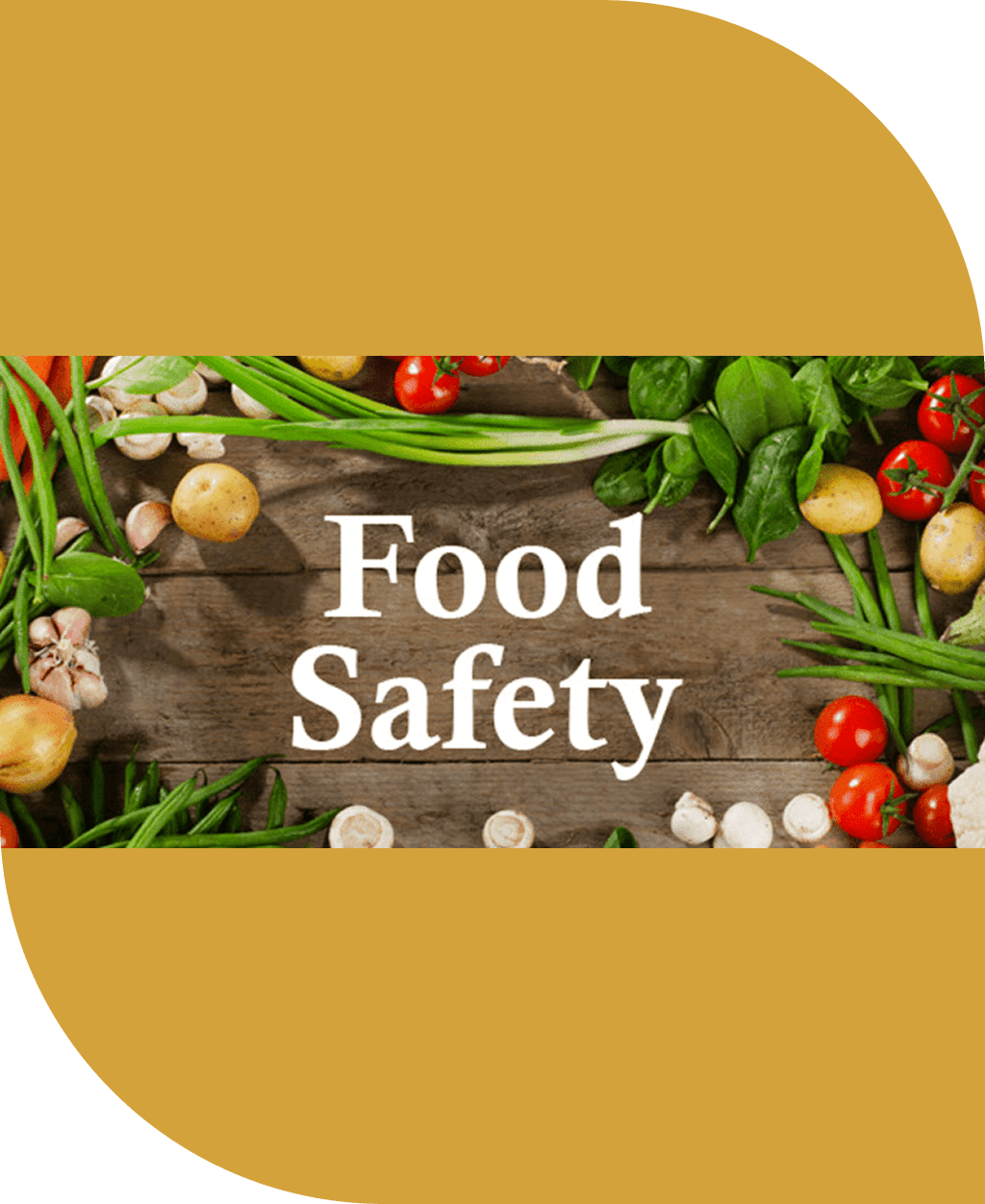 Food safety text with assorted fresh vegetables.