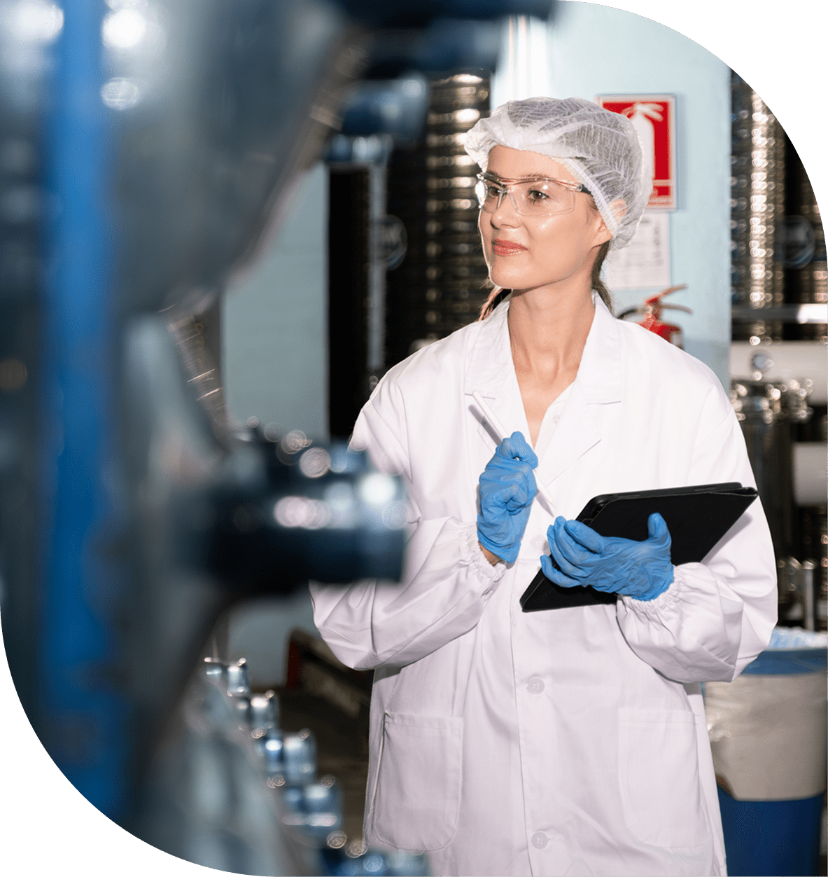 Scientist in lab coat with clipboard.